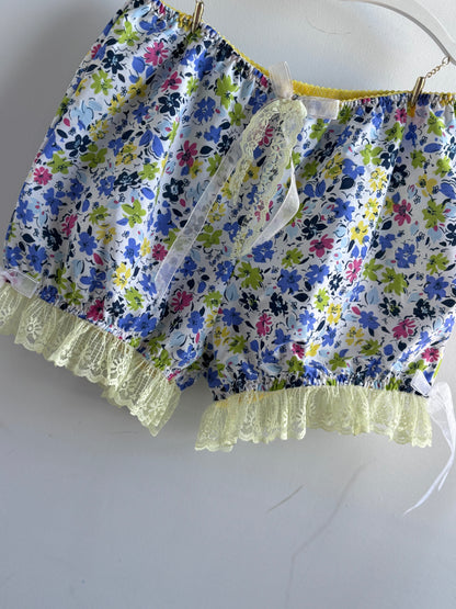 Handmade Baby Bloomer – Blue & Yellow Multi-Flower Print | Soft Cotton Baby Shorts | Summer Floral Bloomers for Girls