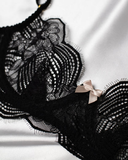 Handmade Black Eyelash Lace Wire Bra – Customized Fit & Luxury Detail